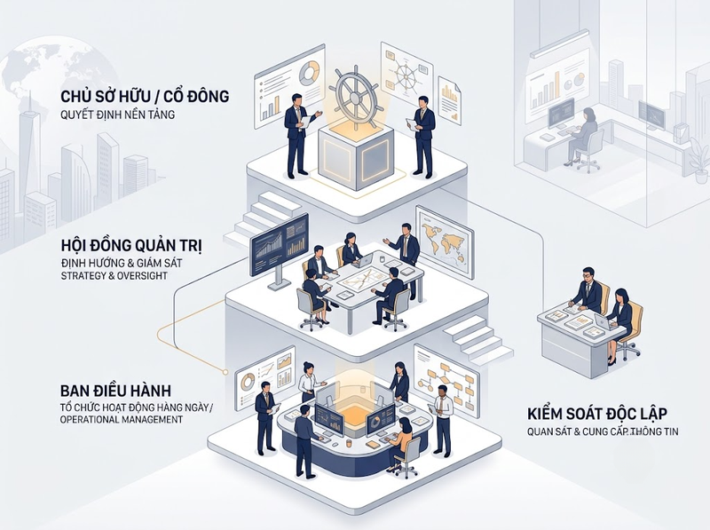 Cấu trúc quản trị doanh nghiệp qua chủ thể, quyền hạn và quan hệ kiểm soát